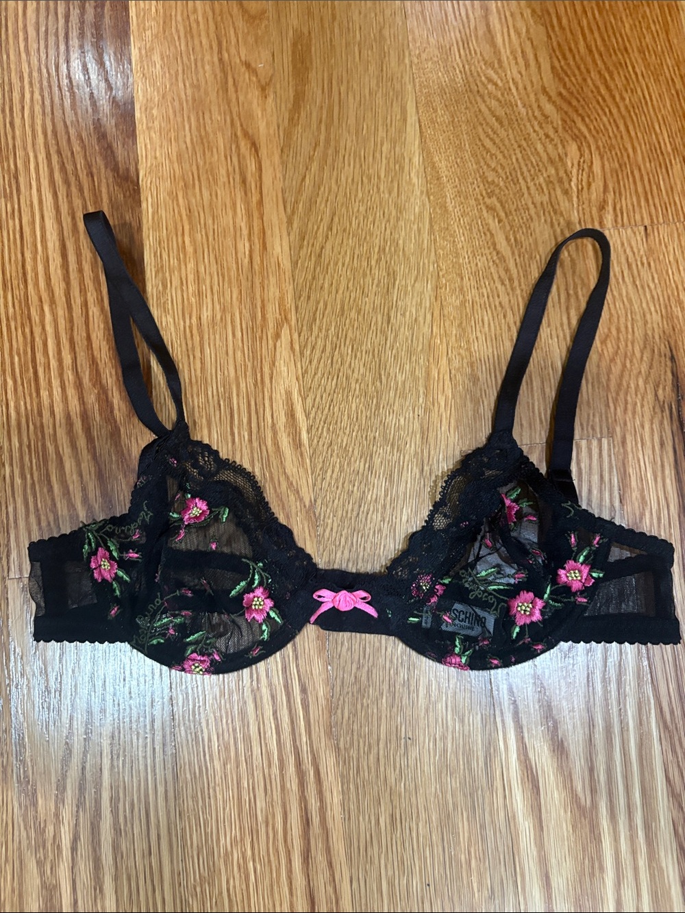 Moschino Black Lace Underwire mesh Bra with Pink Floral Embroidery luxury 32/S
